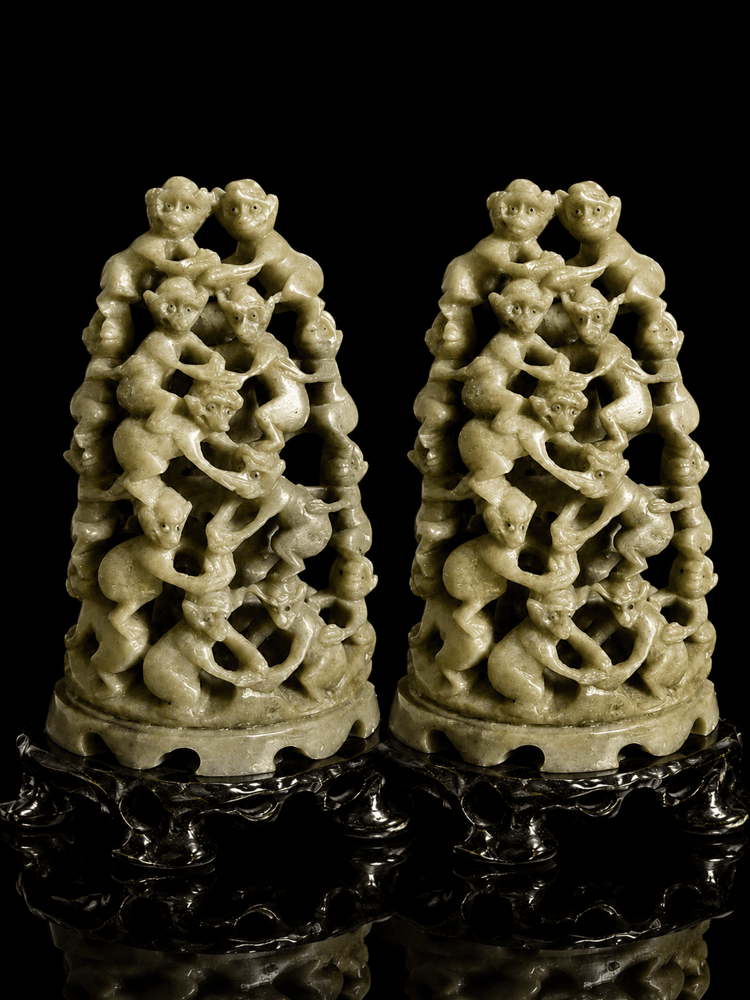 Pair Of Hand-Carved Jade Soapstone Pyramid Of 10 Acrobatic Monkeys Figurines - Image 7