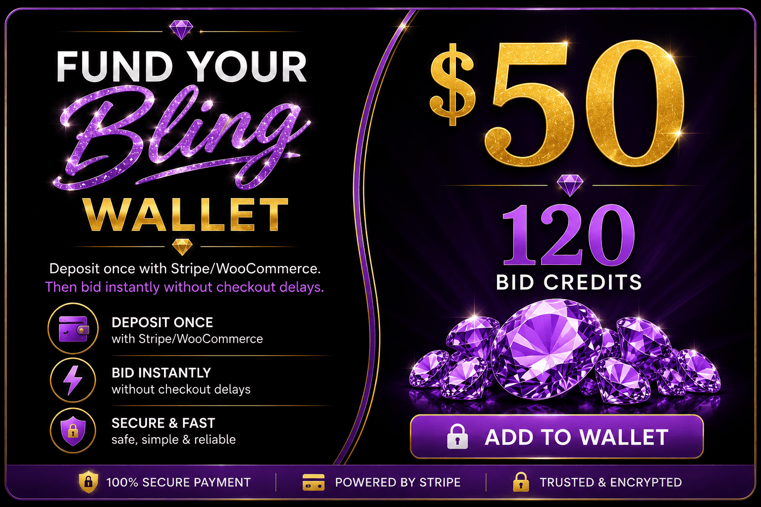 Fund Your Bling Bid Wallet $50 Deposit (120 Bid Credits)