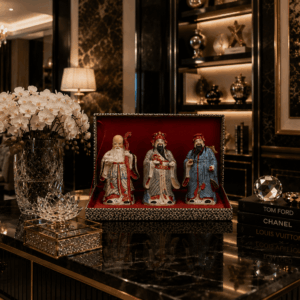 Vintage Chinese Hand-Painted Porcelain Figurines Representing The Sanxing Deities, Comes Cased in Red Velvet.
