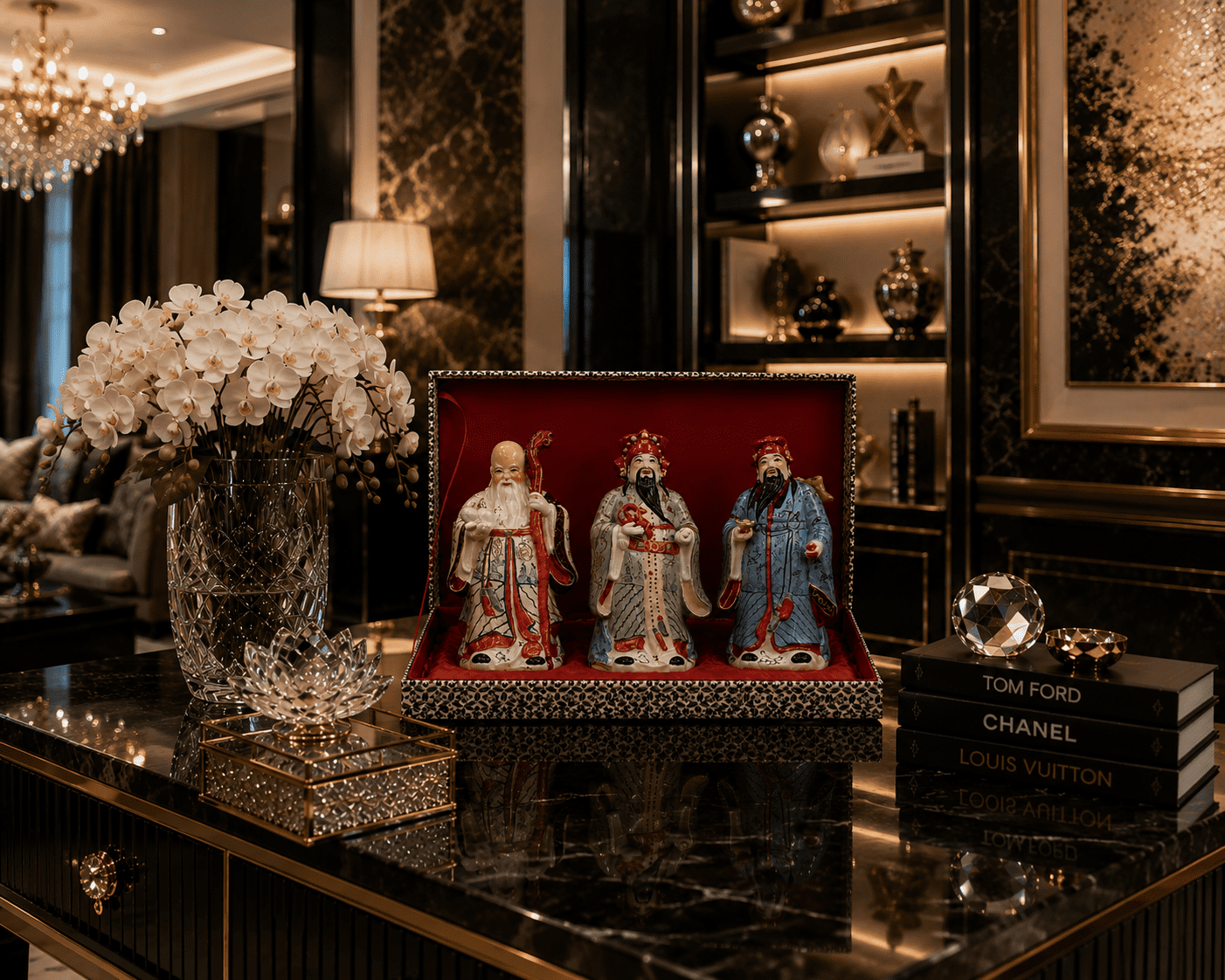 Vintage Chinese Hand-Painted Porcelain Figurines Representing The Sanxing Deities, Comes Cased in Red Velvet.