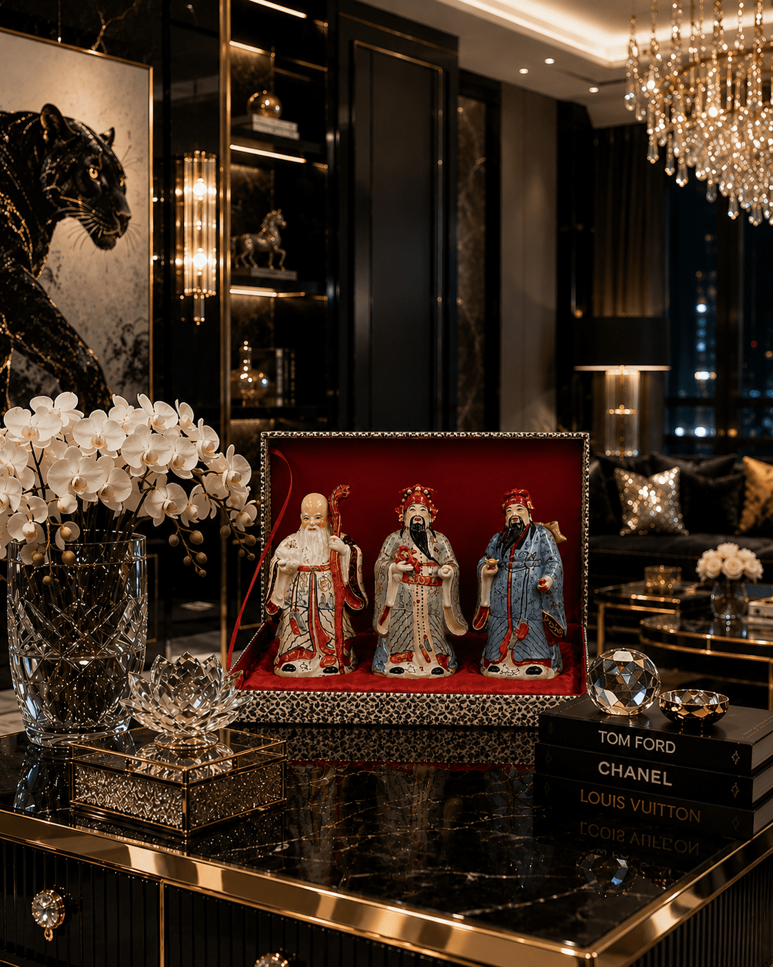 Vintage Chinese Hand-Painted Porcelain Figurines Representing The Sanxing Deities, Comes Cased in Red Velvet. - Image 2