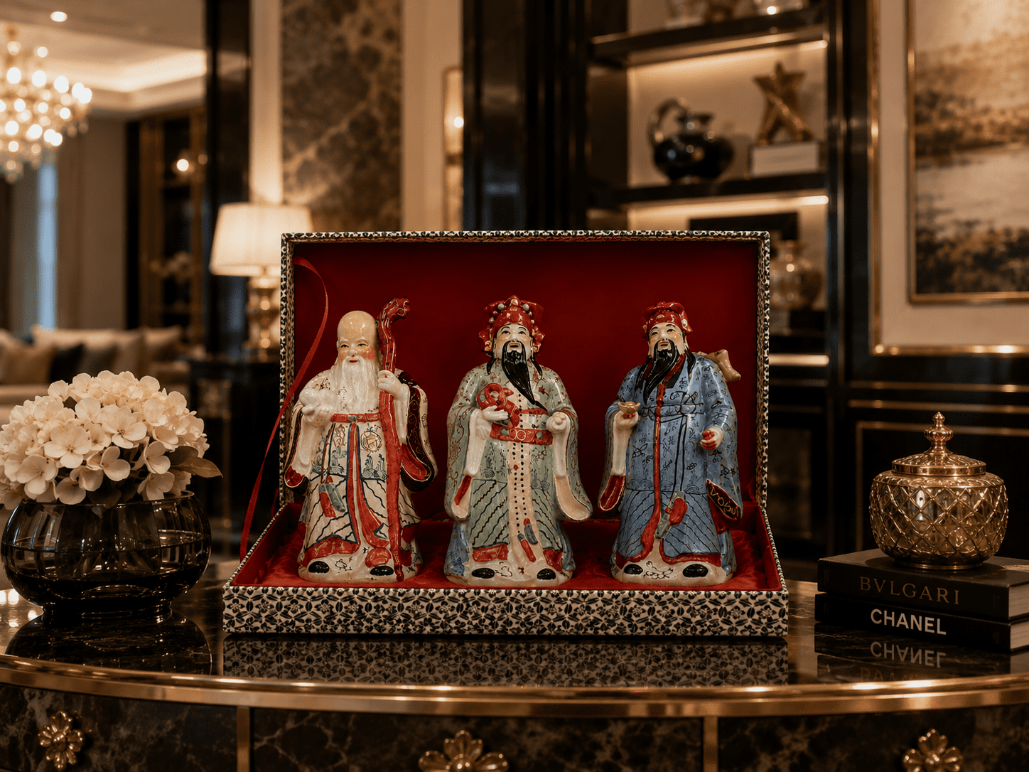 Vintage Chinese Hand-Painted Porcelain Figurines Representing The Sanxing Deities, Comes Cased in Red Velvet. - Image 3
