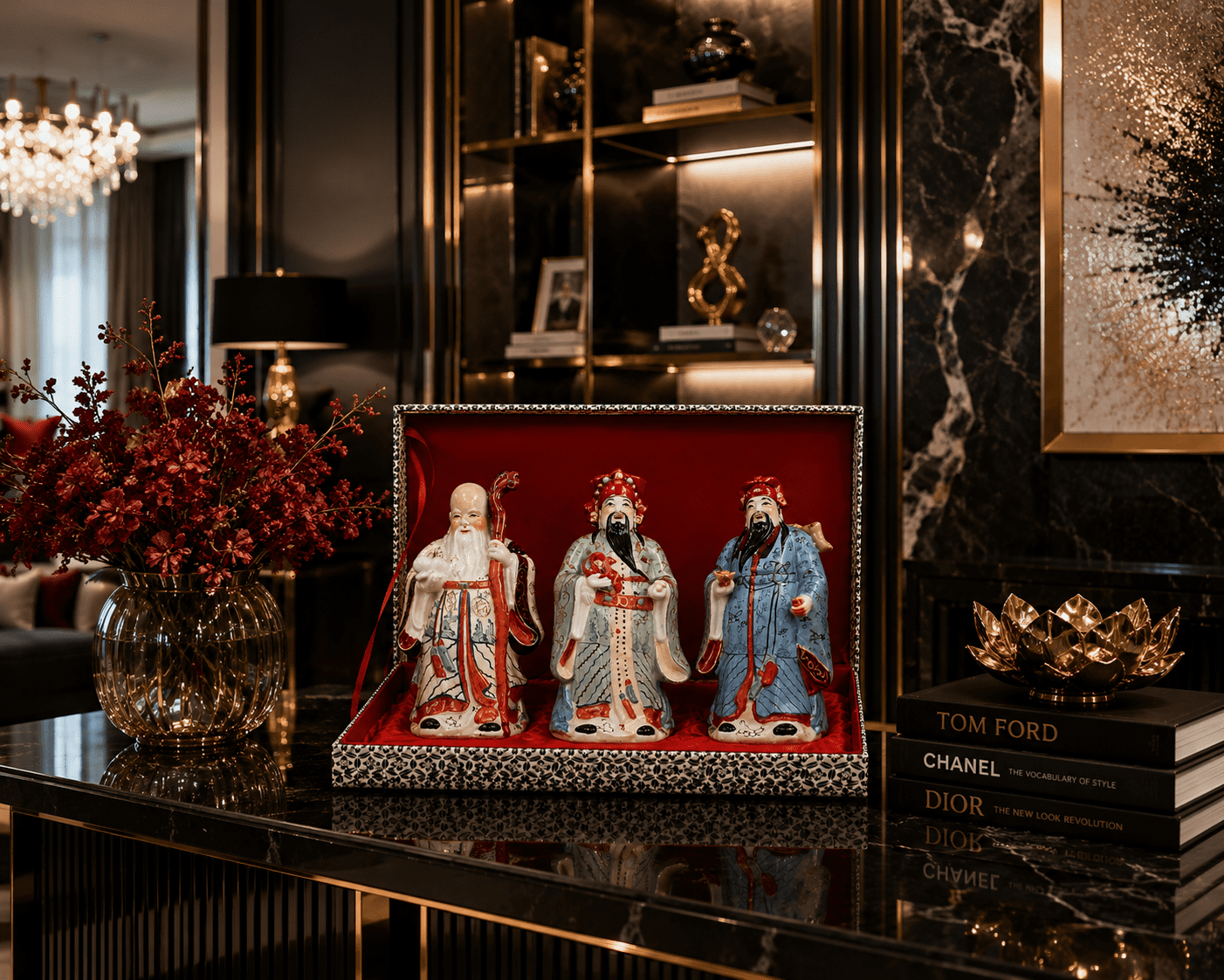 Vintage Chinese Hand-Painted Porcelain Figurines Representing The Sanxing Deities, Comes Cased in Red Velvet. - Image 4