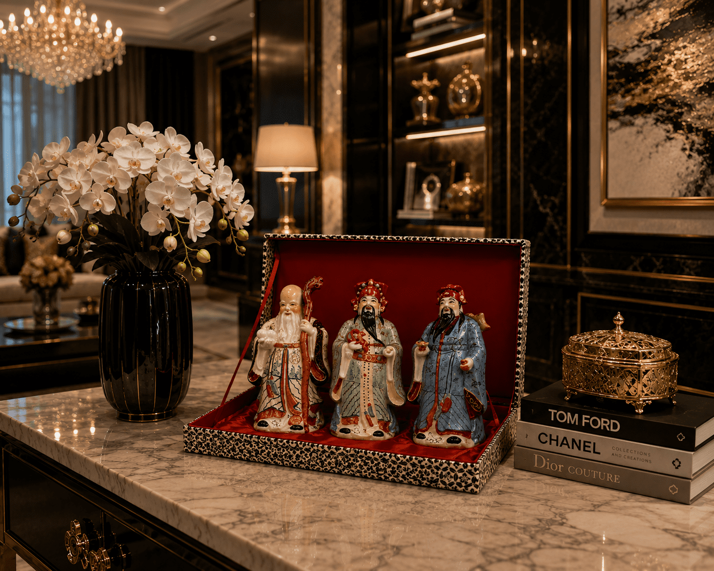 Vintage Chinese Hand-Painted Porcelain Figurines Representing The Sanxing Deities, Comes Cased in Red Velvet. - Image 5