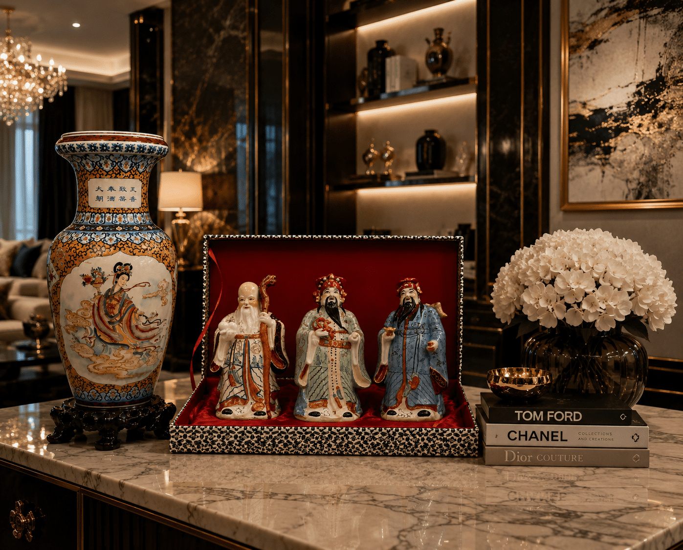 Vintage Chinese Hand-Painted Porcelain Figurines Representing The Sanxing Deities, Comes Cased in Red Velvet. - Image 6