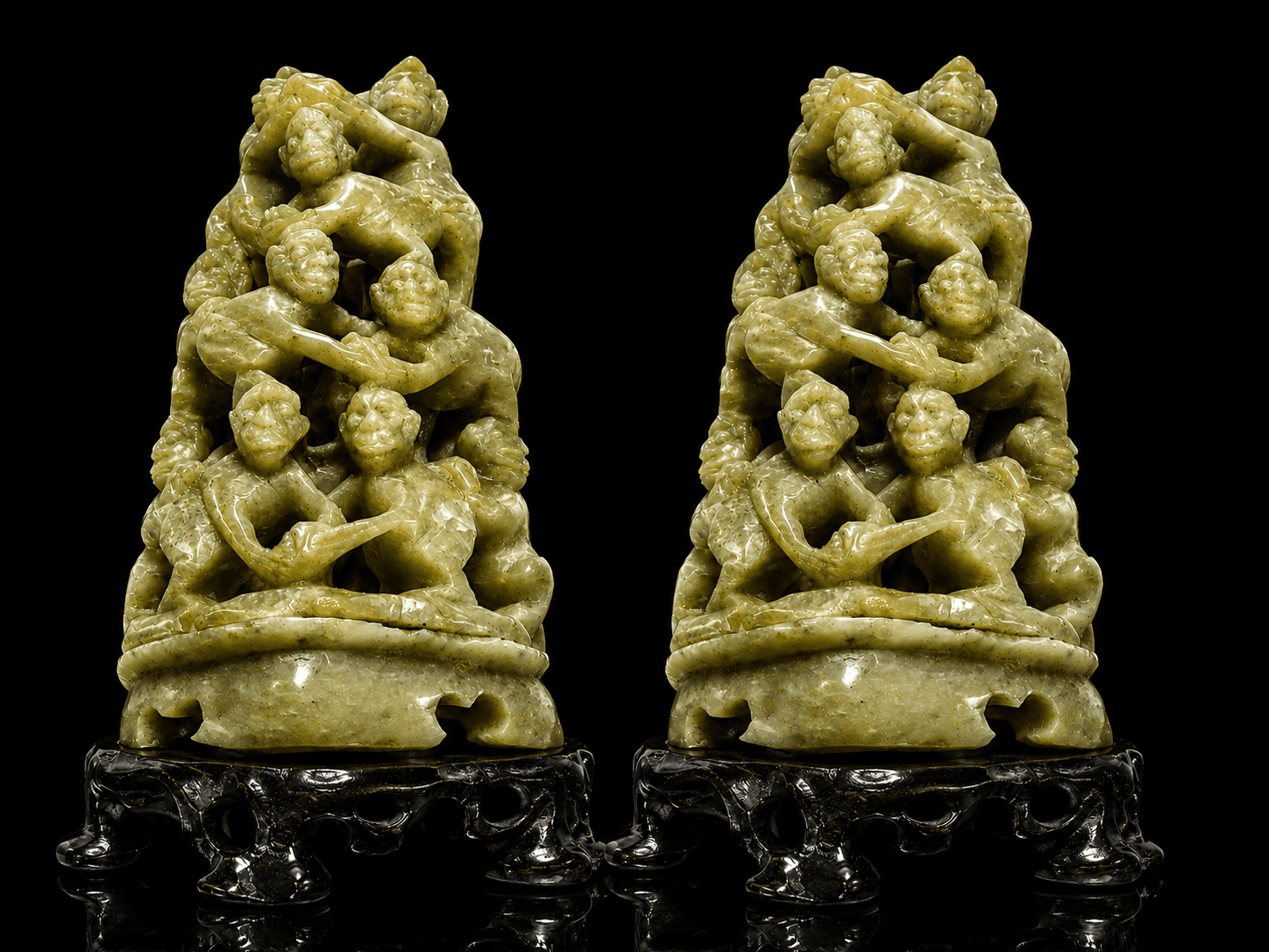 Pair Of Hand-Carved Jade Soapstone Pyramid Of 7 Acrobatic Monkeys Figurines - Image 7