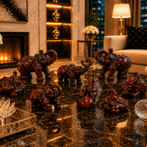 Set of Vintage Lucky Feng Shui Set Of 8 Trunk-Up Elephant Red Resin Figurines