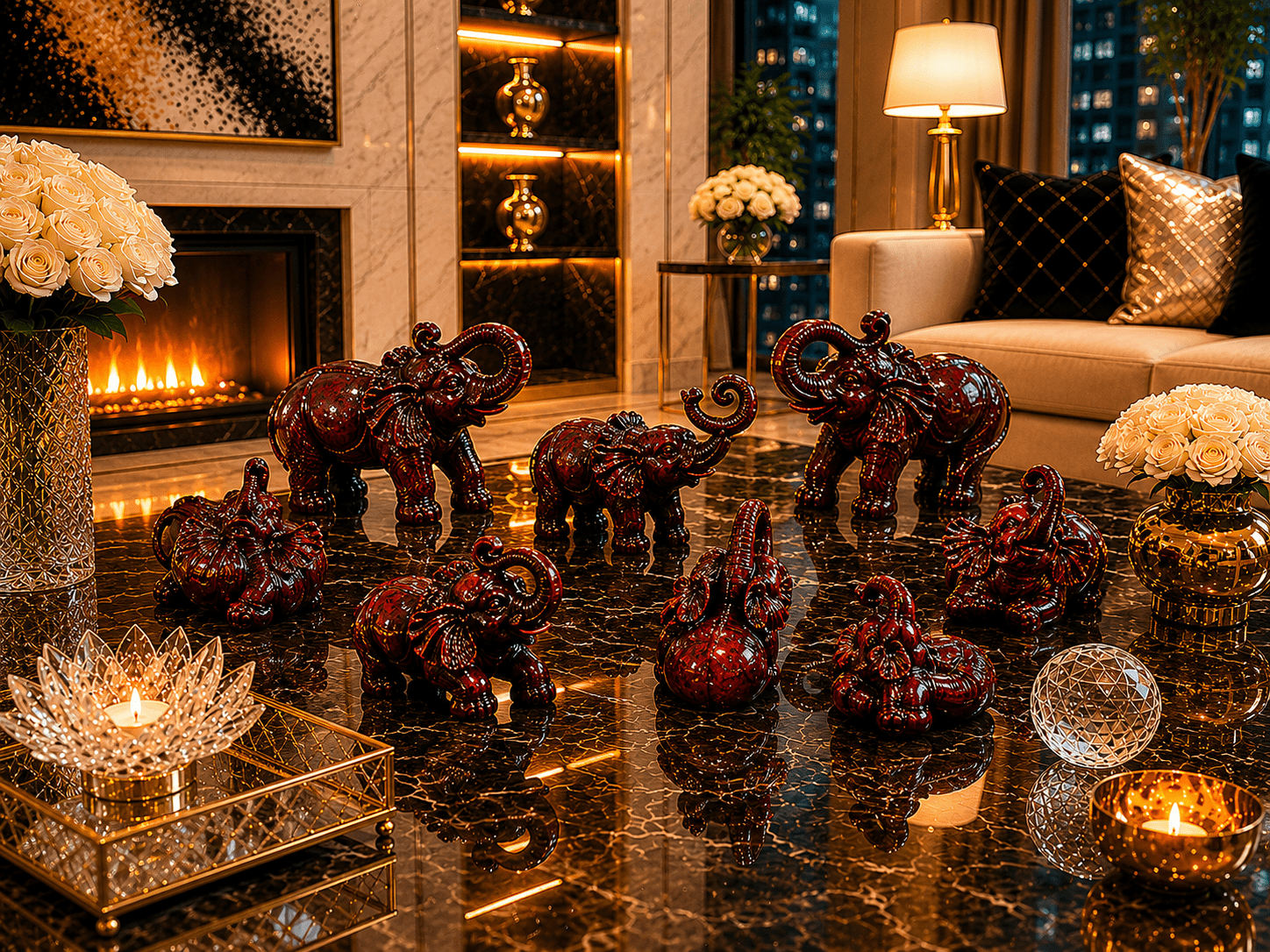 Set of Vintage Lucky Feng Shui Set Of 8 Trunk-Up Elephant Red Resin Figurines