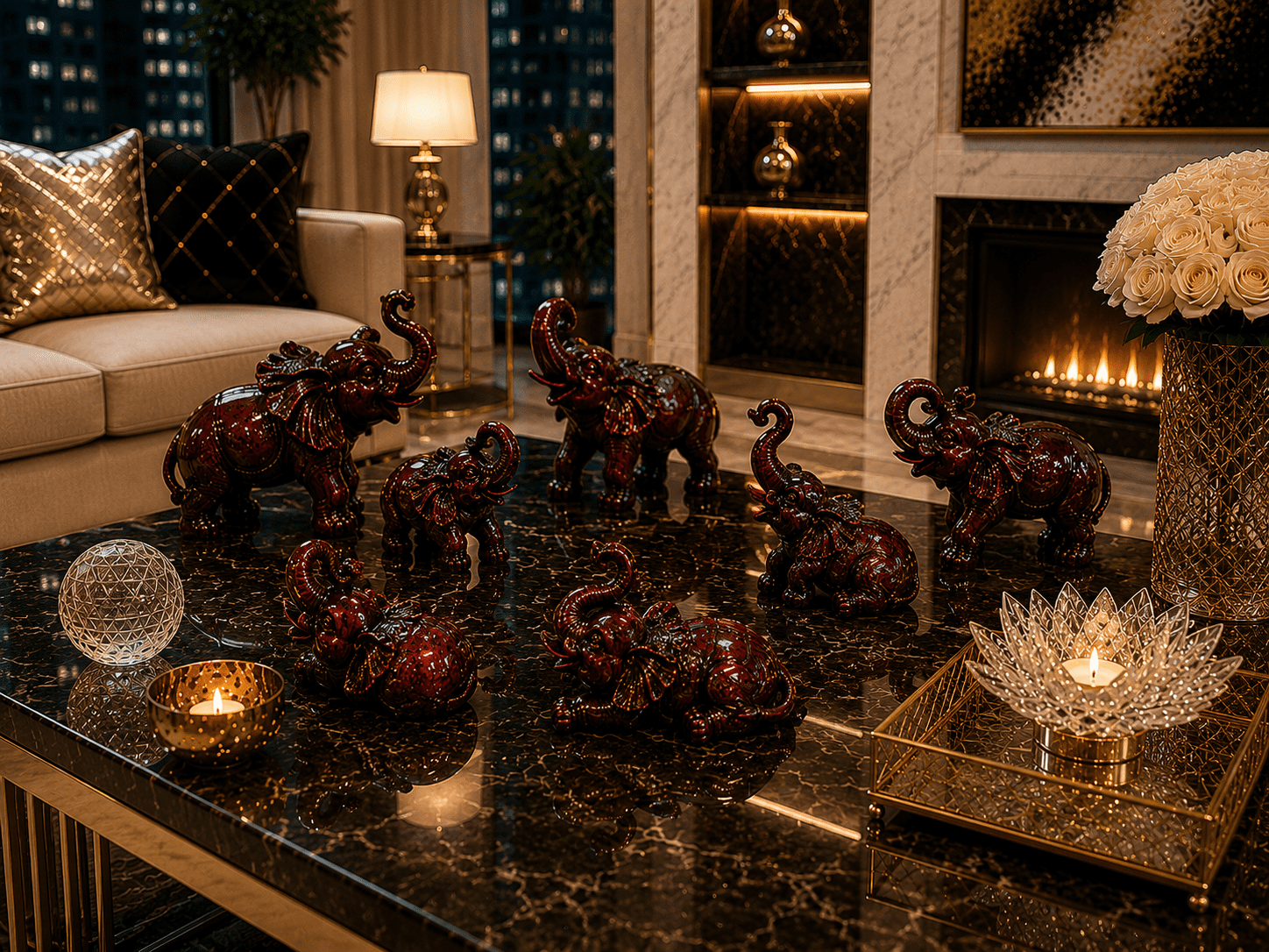 Set of Vintage Lucky Feng Shui Set Of 8 Trunk-Up Elephant Red Resin Figurines - Image 2