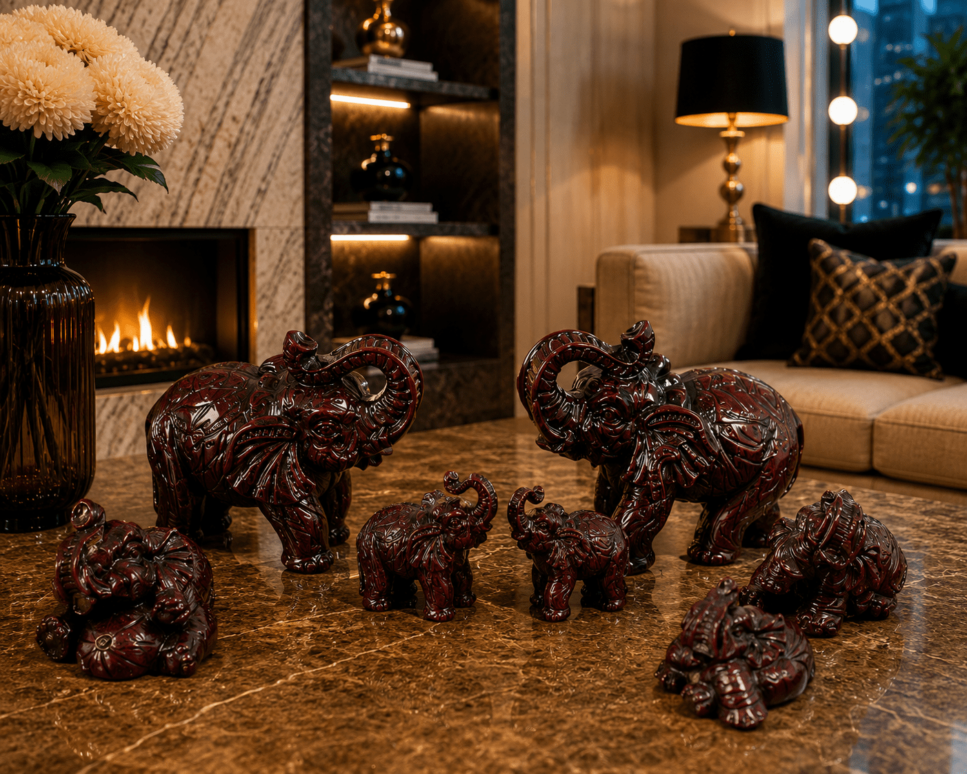 Set of Vintage Lucky Feng Shui Set Of 8 Trunk-Up Elephant Red Resin Figurines - Image 4