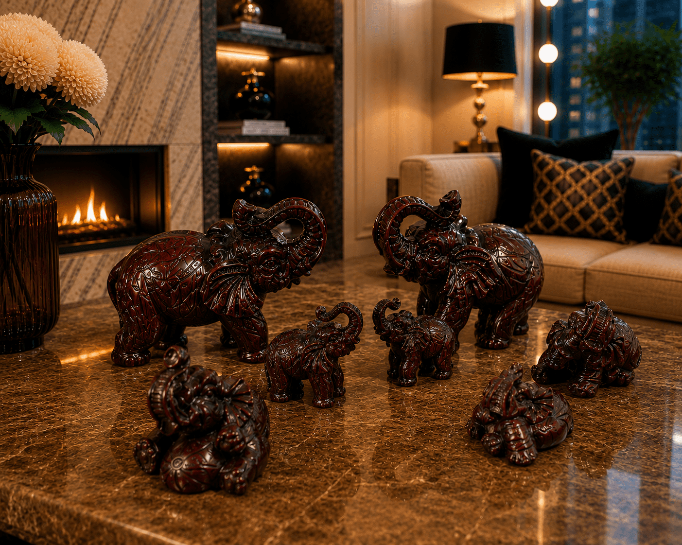 Set of Vintage Lucky Feng Shui Set Of 8 Trunk-Up Elephant Red Resin Figurines - Image 5