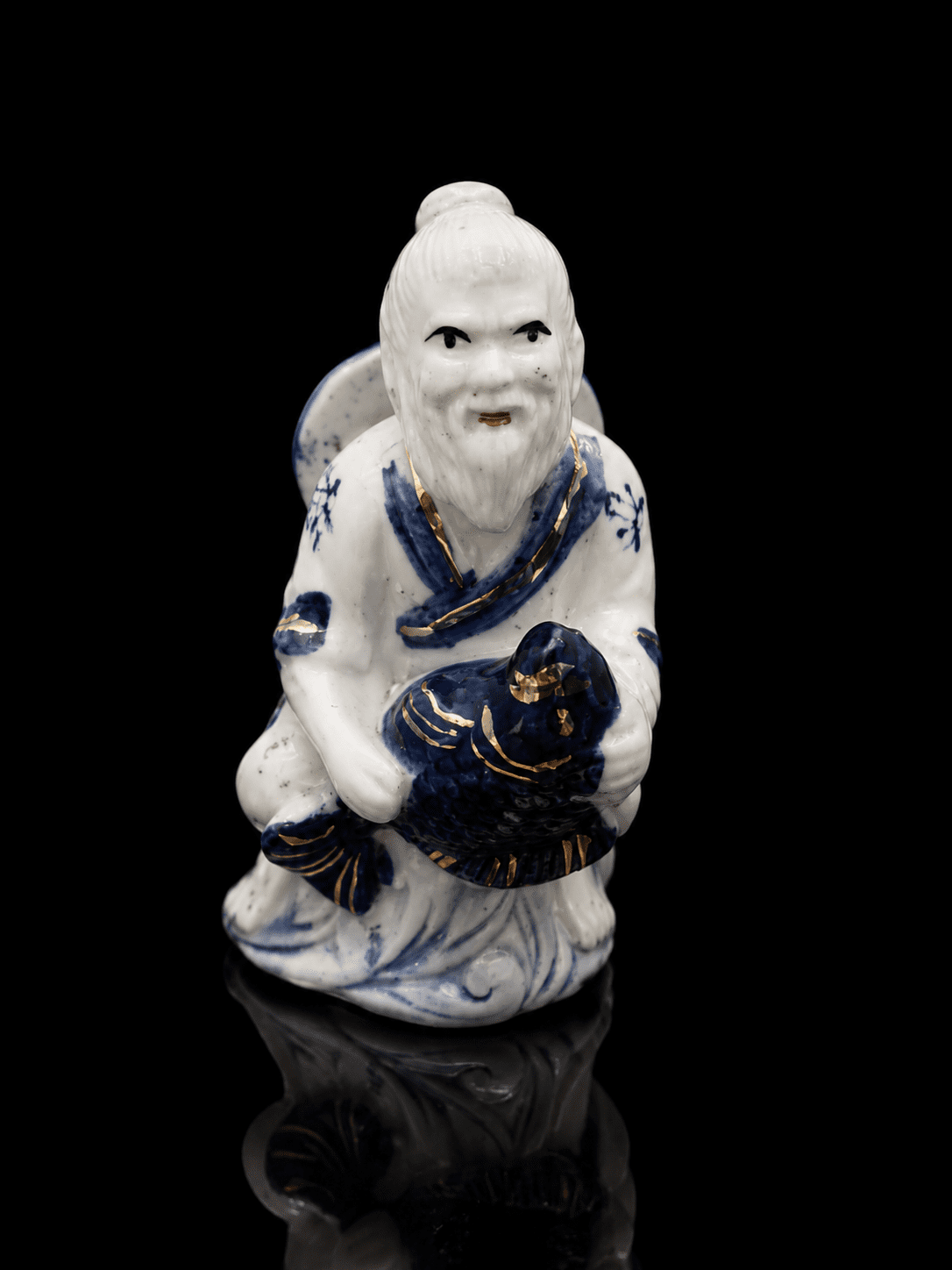 Vintage Chinese Porcelain Jiang Ziya Fisherman Figurine Blue And Gold - Image 7