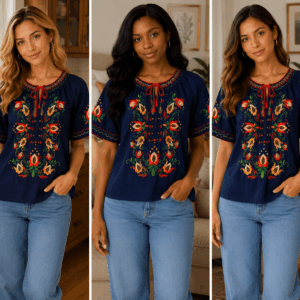 This Is A Blue Lily Brand Style Peasant Blouse Featuring Colorful Floral Embroidery On The Chest And Neckline , On The Bling Girls