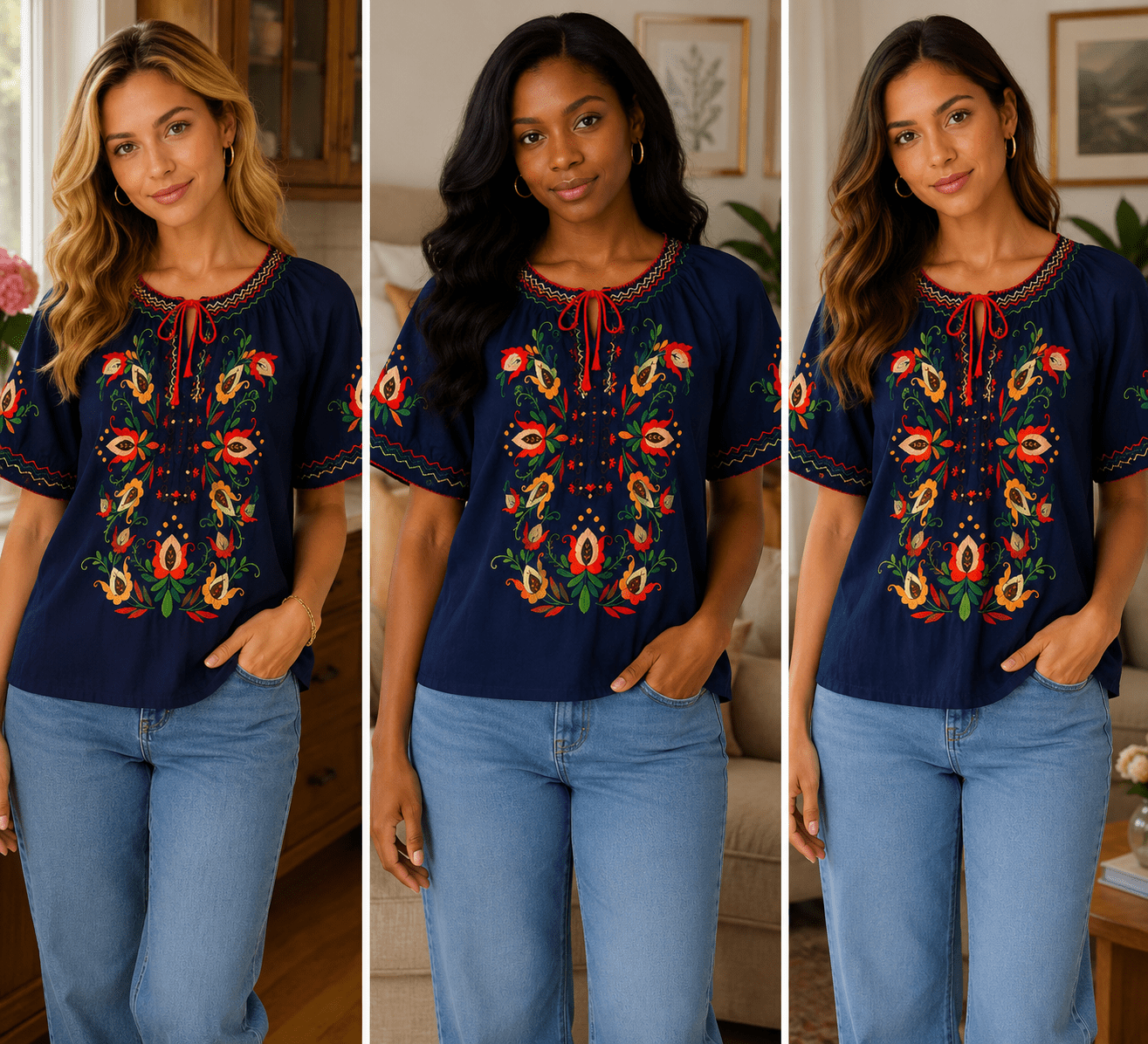 This Is A Blue Lily Brand Style Peasant Blouse Featuring Colorful Floral Embroidery On The Chest And Neckline , On The Bling Girls