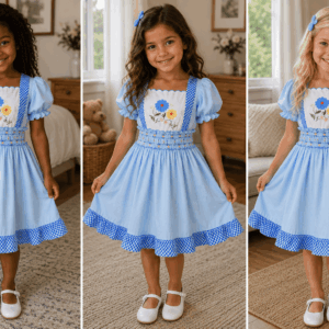 Light Blue The Proper Peony Bryar Bee Pinafore Dress Featuring Embroidered Flowers And A Gingham Ruffle Trim On The Bling Girls Daughters