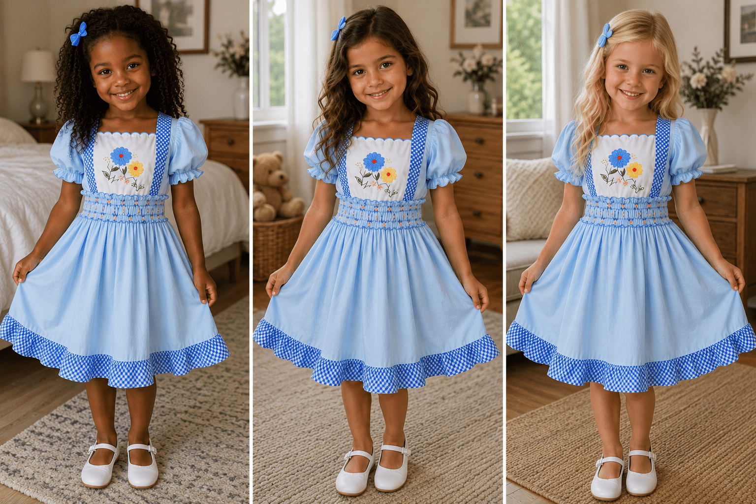 Light Blue The Proper Peony Bryar Bee Pinafore Dress Featuring Embroidered Flowers And A Gingham Ruffle Trim On The Bling Girls Daughters