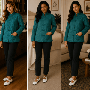 Vintage Plum Blossoms Satin Jacket Quilted Emerald Green, Navy Blue, Black With A Traditional Mandarin Collar And Frog Button Closures , On The Bling Girls