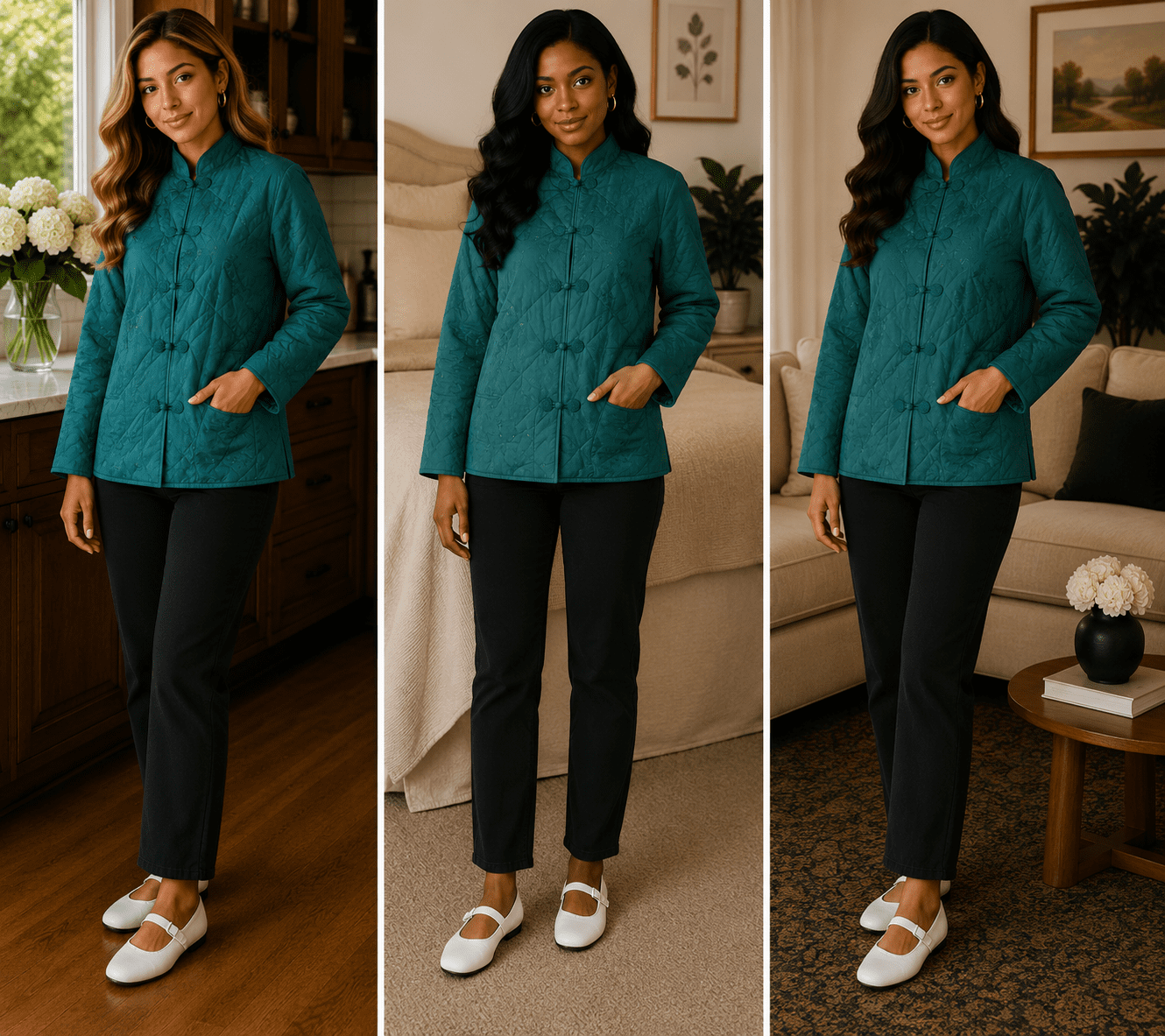 Vintage Plum Blossoms Satin Jacket Quilted Emerald Green, Navy Blue, Black With A Traditional Mandarin Collar And Frog Button Closures , On The Bling Girls