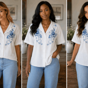 White Short-Sleeve Button-Up Blouse Blue Floral Embroidery, On The Bling Girls