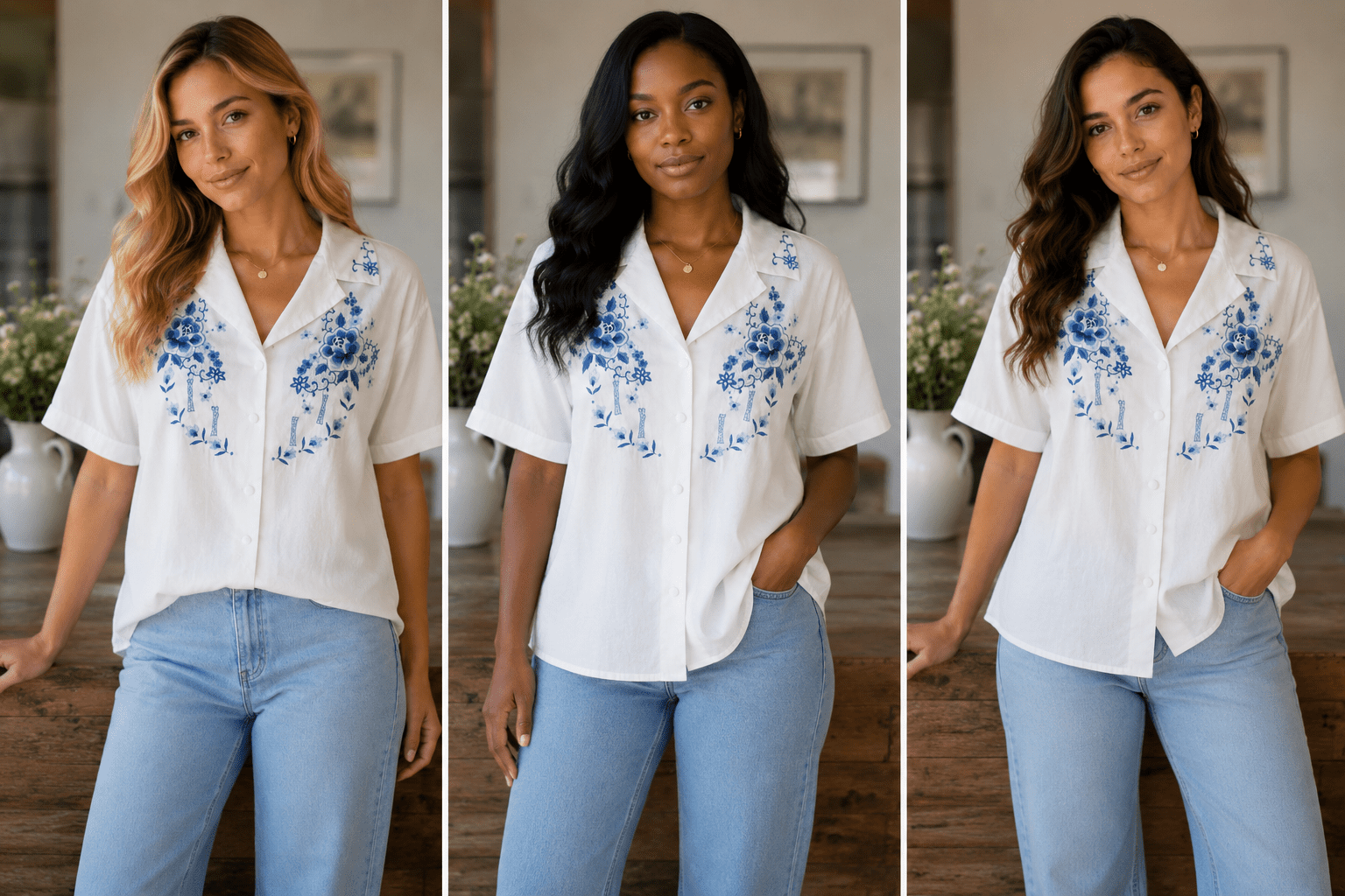 White Short-Sleeve Button-Up Blouse Blue Floral Embroidery, On The Bling Girls