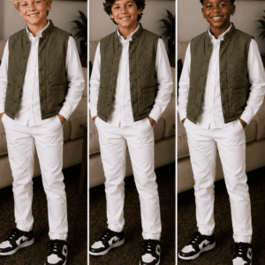 Vintage Plum Blossoms Satin Boys Quilted Vest Olive Drab, Navy Blue, Black With A Traditional Mandarin Collar Leaf Pattern, On The Bling Girls Sons