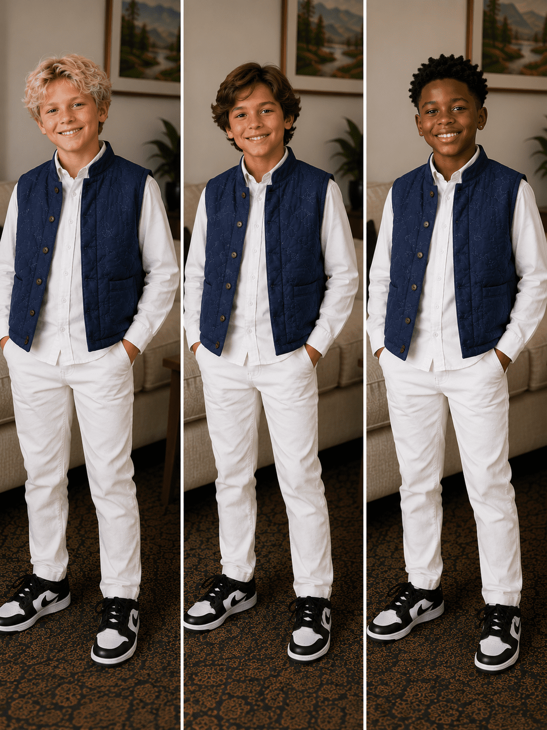 Vintage Plum Blossoms Satin Boys Quilted Vest Olive Drab, Navy Blue, Black With A Traditional Mandarin Collar Leaf Pattern, On The Bling Girls Sons - Image 2