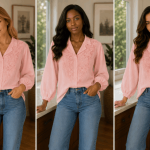 Vintage Pink Blouse Women's Long Sleeve Embroidered Floral Fitted Shirt On The Bling Girls