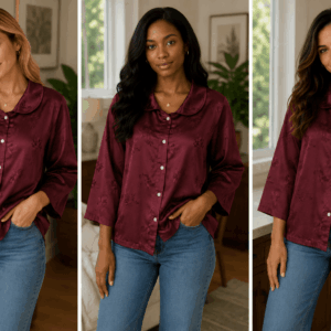 Vintage Burgundy Blouse Women's Long Sleeve Embroidered Floral Fitted Shirt On The Bling Girls