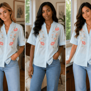 This Light Blue Blouse Short Sleeve Features Intricate Pink And Green Floral Embroidery And A v-Neckline, On The Bling Girls