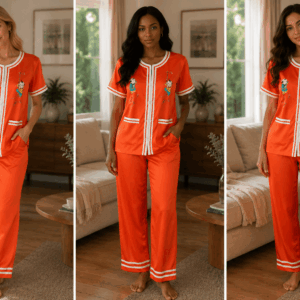 These Are Orange Button-Down Pajama Sets Featuring Contrast White Trim And Graphic Embroidery, On The Bling Girls