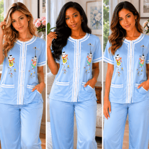 These Are Light Blue Button-Down Pajama Sets Featuring Contrast White Trim And Graphic Embroidery, On The Bling Girls