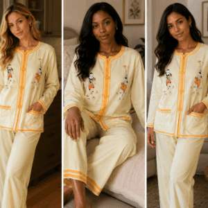 These Are Light Yellow Button-Down Pajama Sets Featuring Contrast Orange Trim And Graphic Embroidery, On The Bling Girls