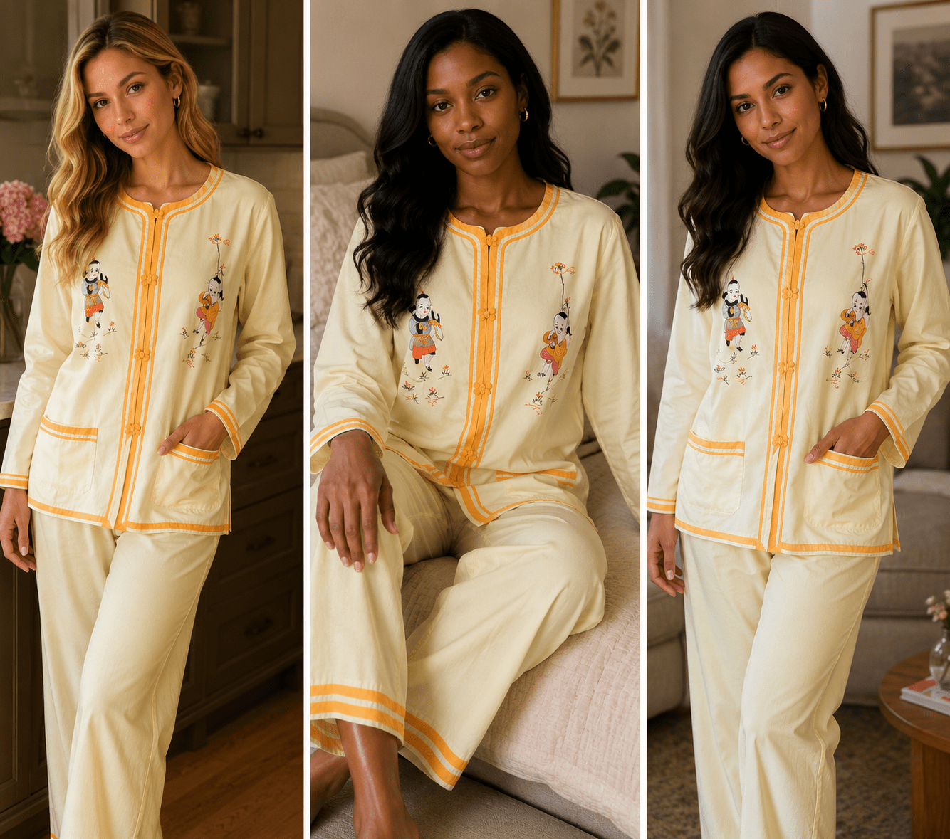These Are Light Yellow Button-Down Pajama Sets Featuring Contrast Orange Trim And Graphic Embroidery, On The Bling Girls