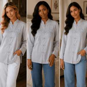 Light Blue Silk Embroidered Blouse Short Sleeve Featuring A Mandarin Collar And Traditional Button Fastenings, On The Bling Girls
