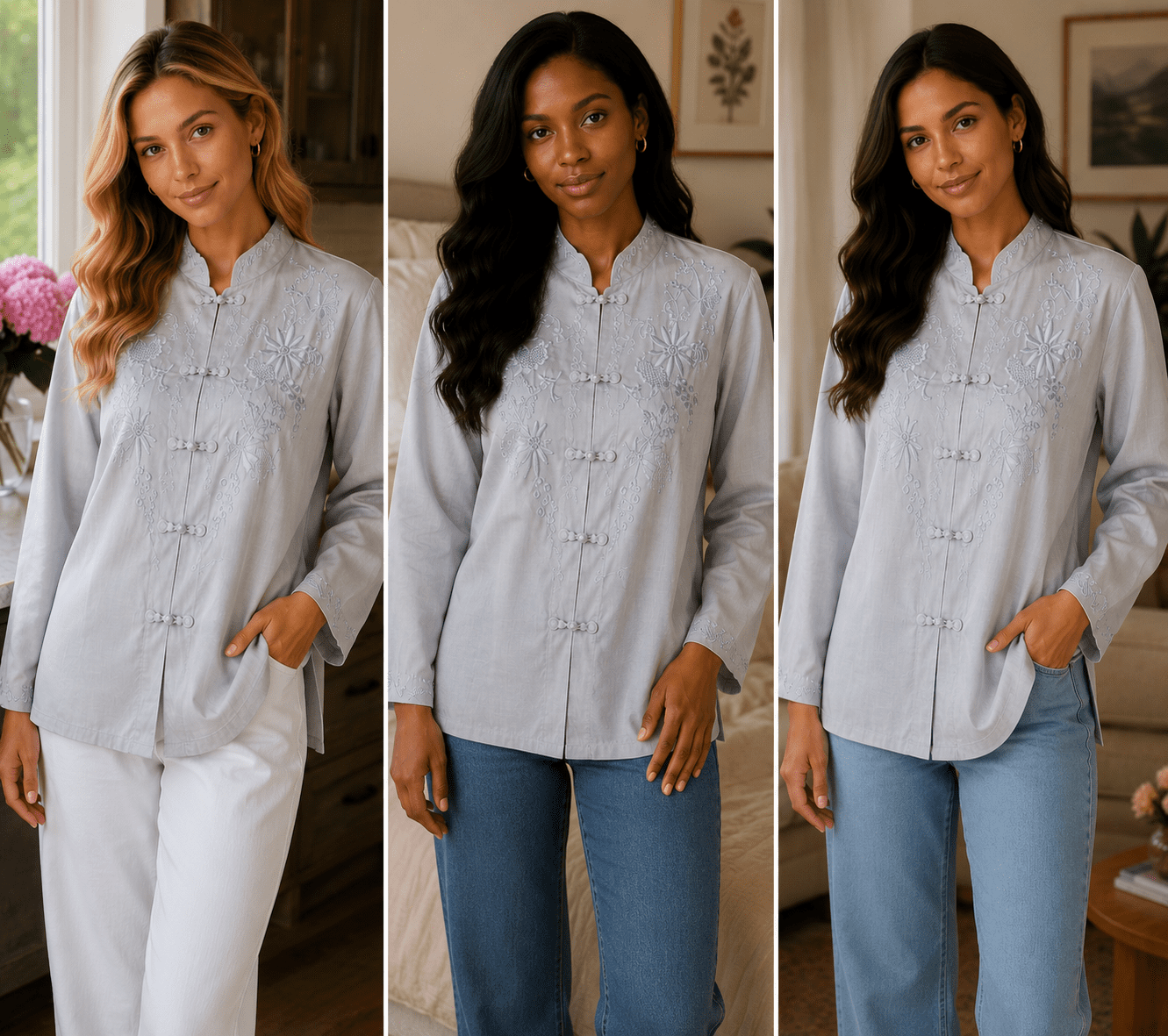 Light Blue Silk Embroidered Blouse Short Sleeve Featuring A Mandarin Collar And Traditional Button Fastenings, On The Bling Girls