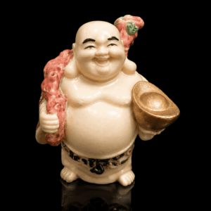 Vintage Lucky Feng Shui Laughing Buddha Figurine With Gold-Leaf Yuan Bao