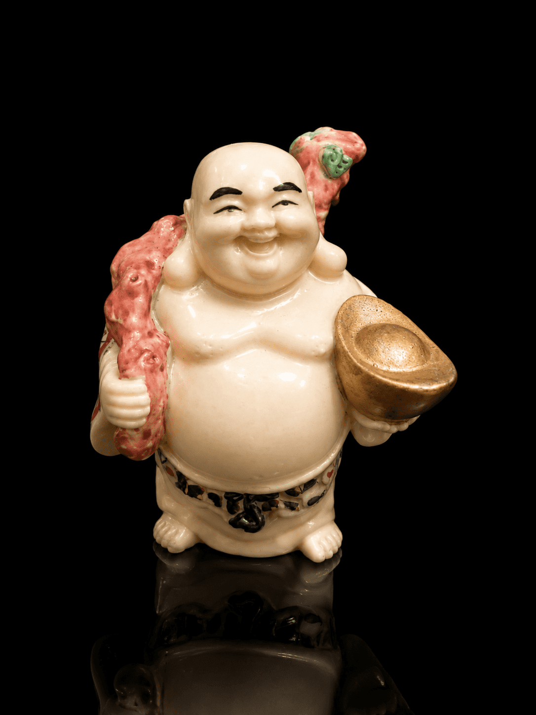 Vintage Lucky Feng Shui Laughing Buddha Figurine With Gold-Leaf Yuan Bao