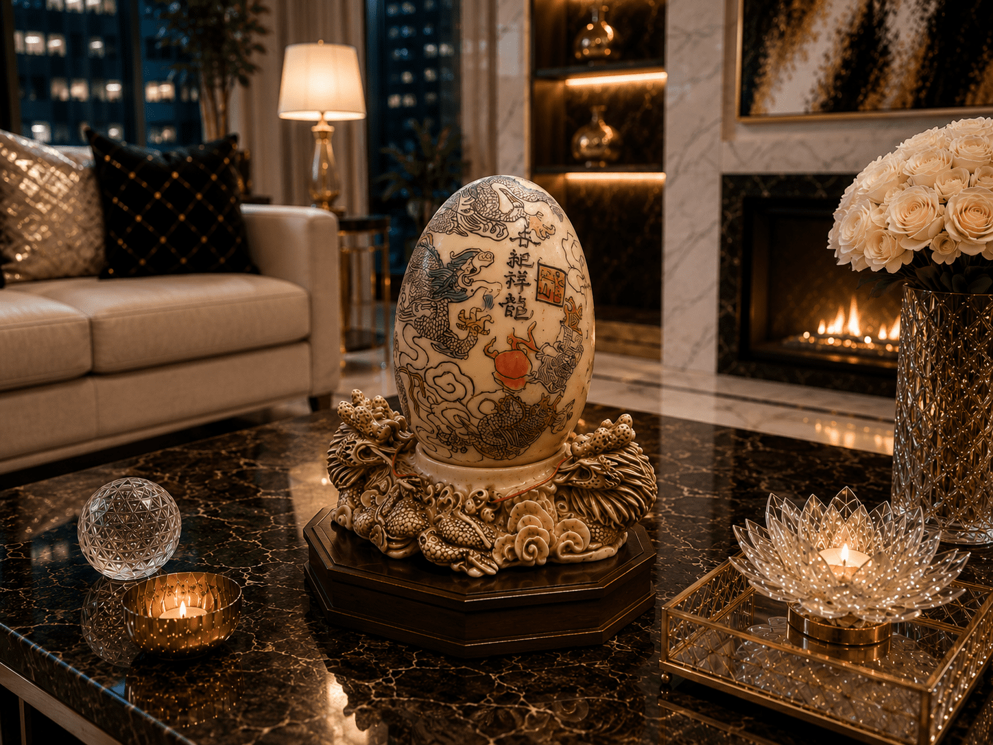 Vintage Chinese Hand-Carved Marble Egg With Dragon Base - Image 2