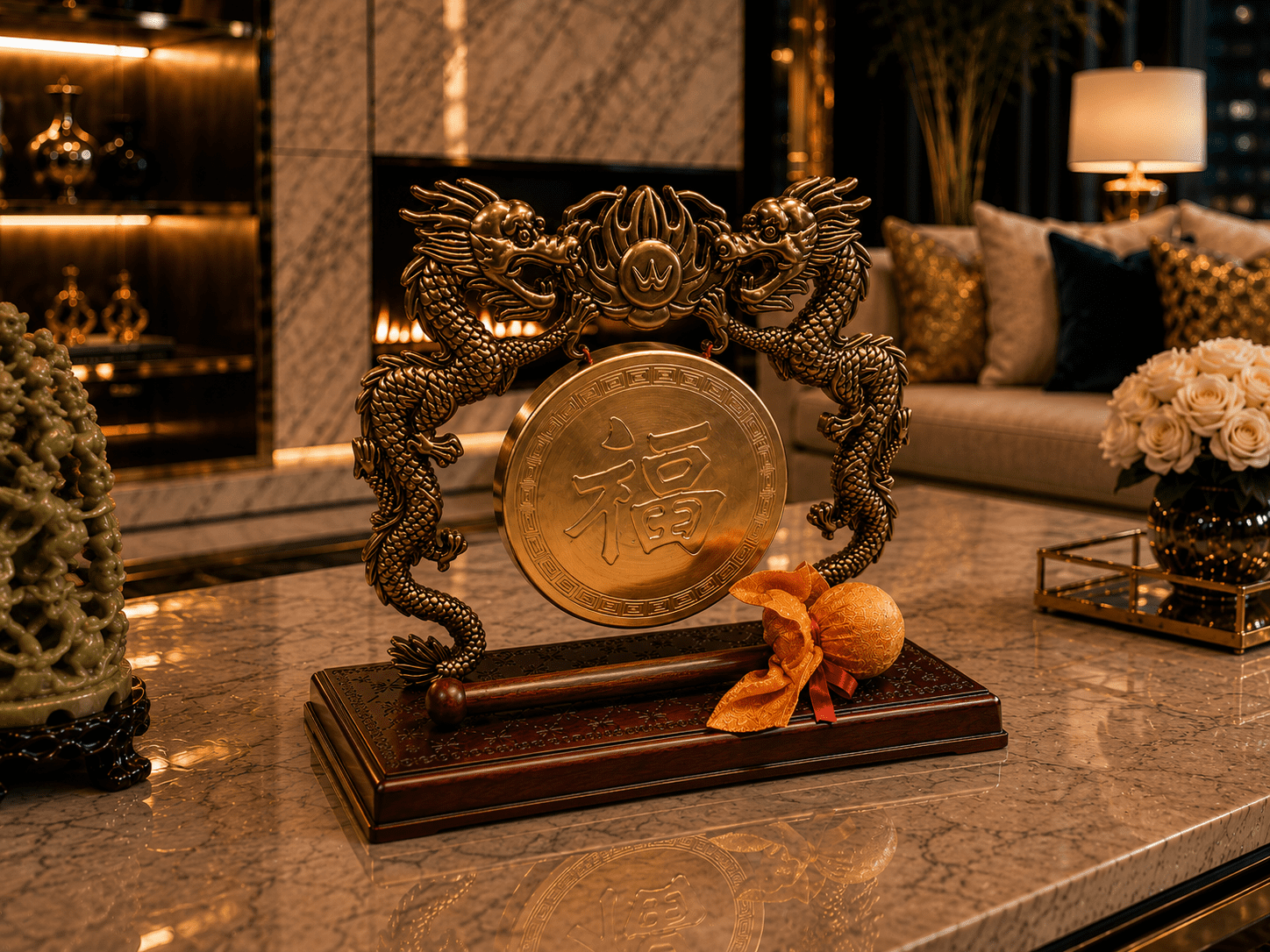 Vintage Tabletop Dragon Gong With Fu Good Fortune Symbol - Image 3