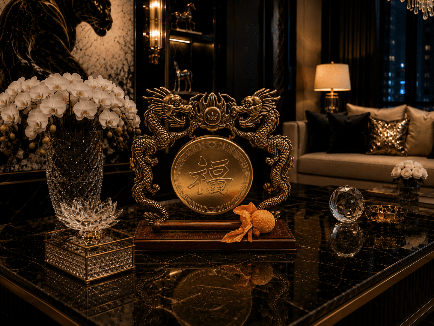 Vintage Tabletop Dragon Gong With Fu Good Fortune Symbol - Image 5