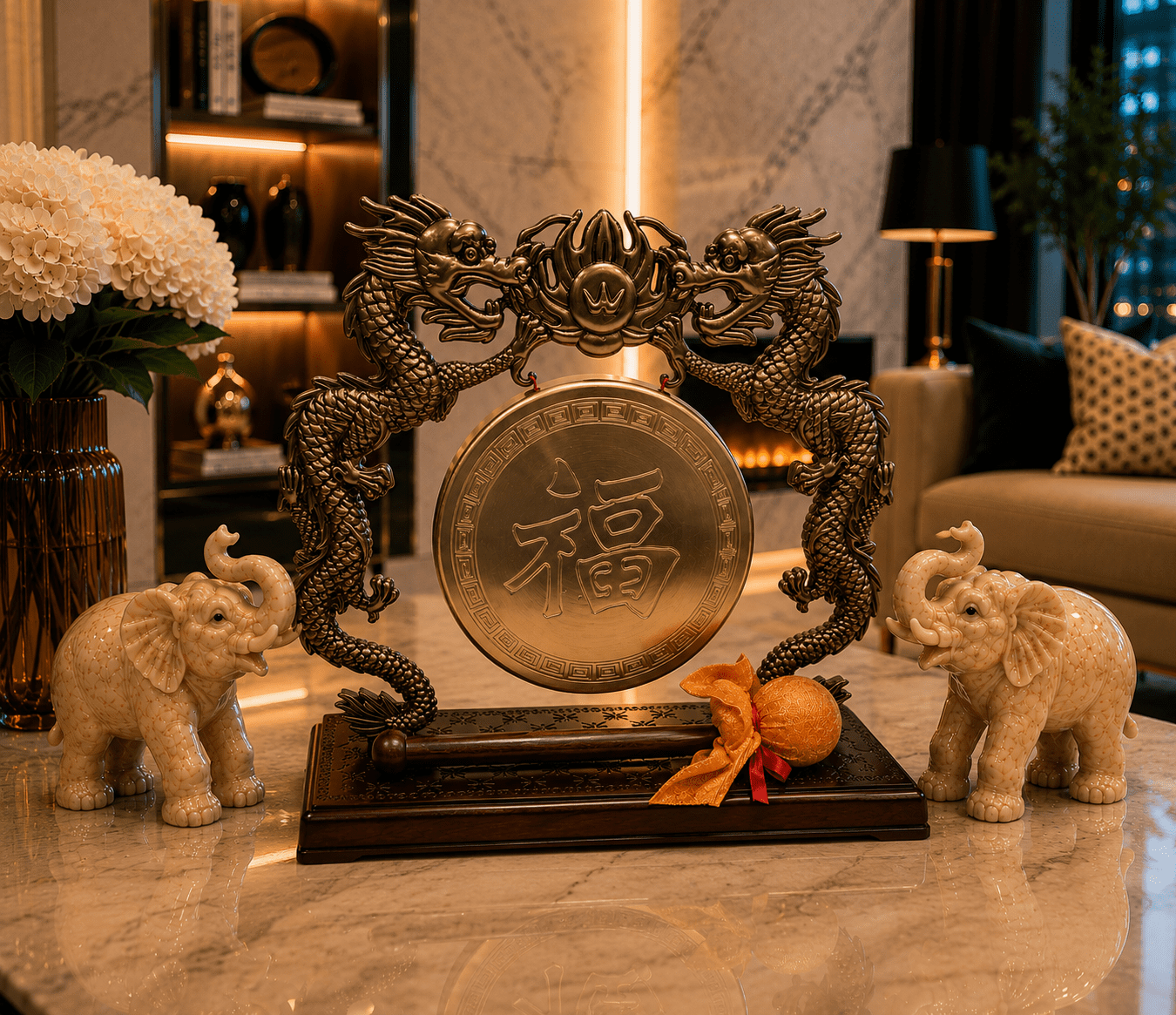 Vintage Tabletop Dragon Gong With Fu Good Fortune Symbol - Image 6