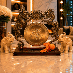 Vintage Tabletop Dragon Gong With Fu Good Fortune Symbol
