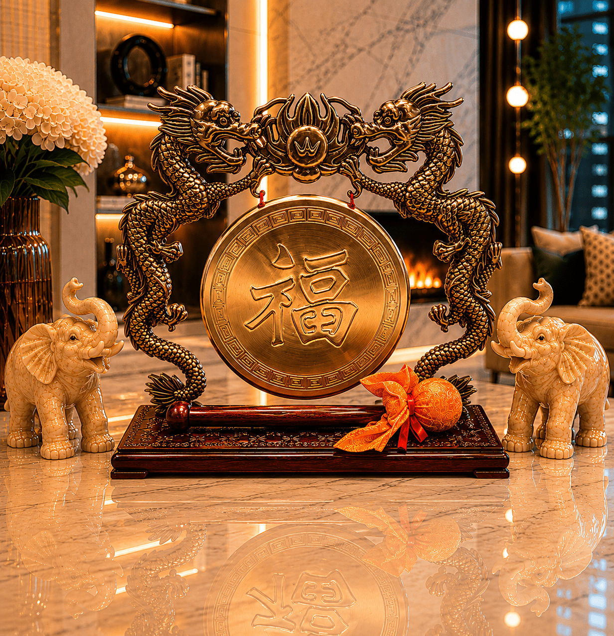 Vintage Tabletop Dragon Gong With Fu Good Fortune Symbol