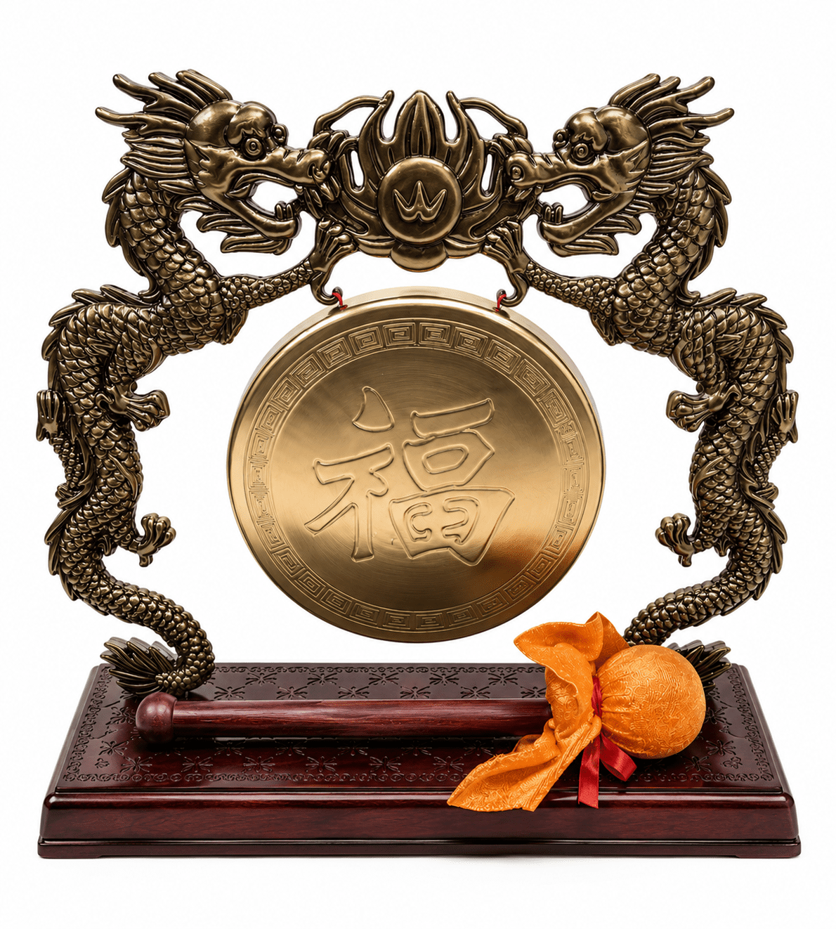 Vintage Tabletop Dragon Gong With Fu Good Fortune Symbol - Image 7