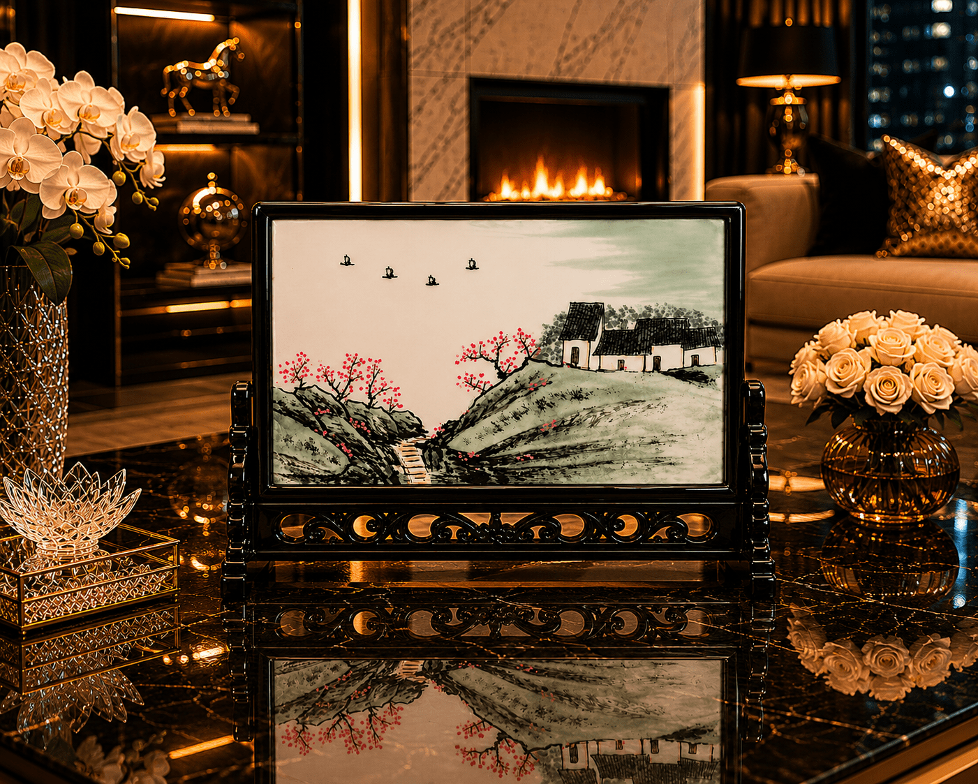Antique Vintage Chinese Hand-Painted Marble Stone Landscape Art - Image 5