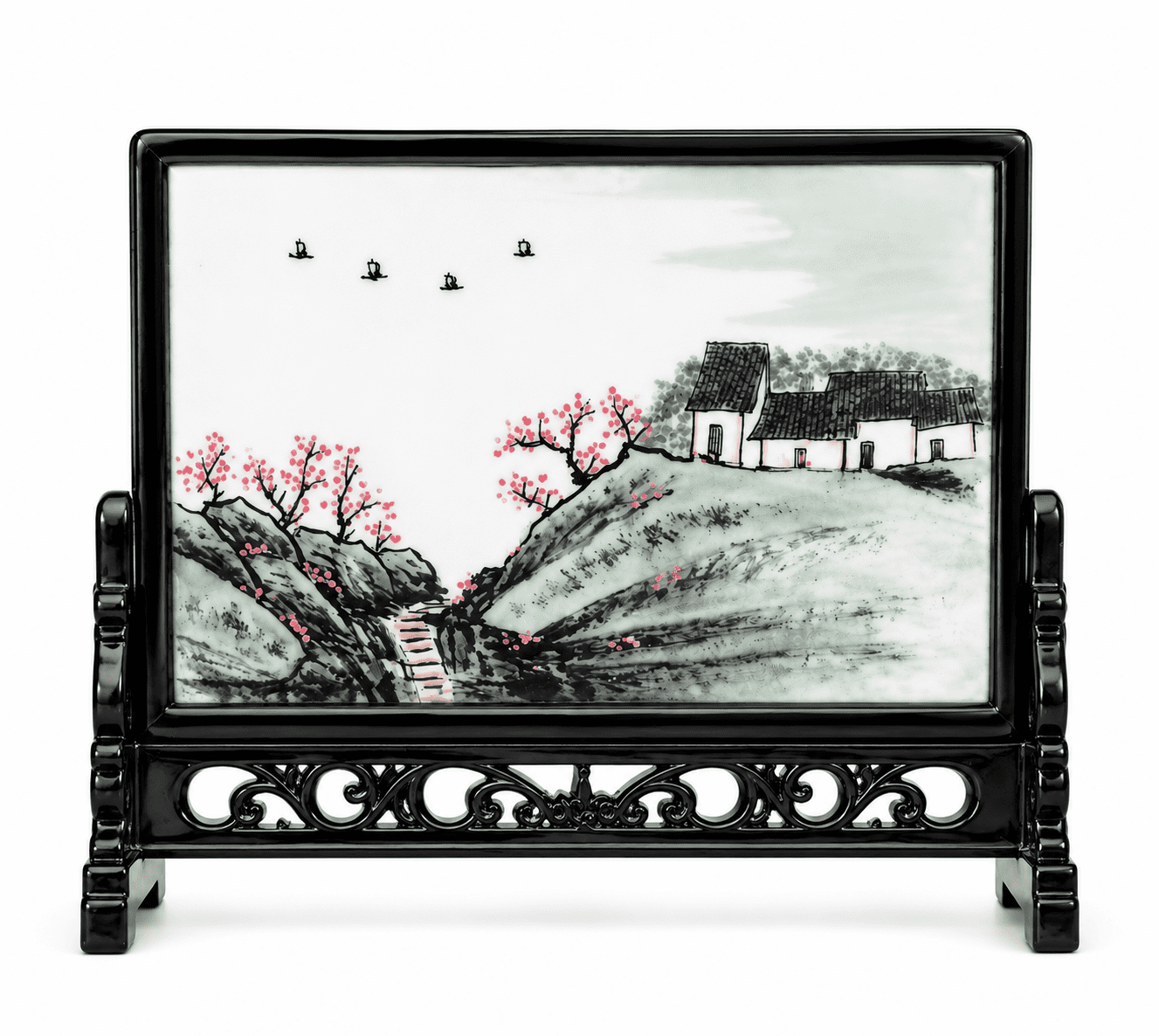 Antique Vintage Chinese Hand-Painted Marble Stone Landscape Art - Image 2