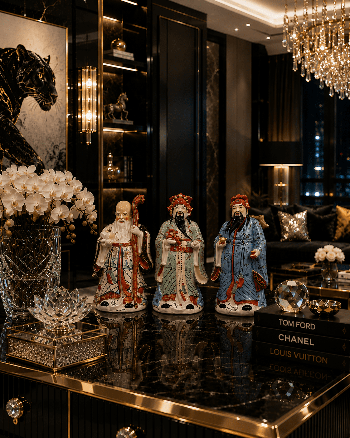 Vintage Chinese Hand-Painted Porcelain Figurines Representing The Sanxing Deities, Not Cased in Red Velvet. - Image 5