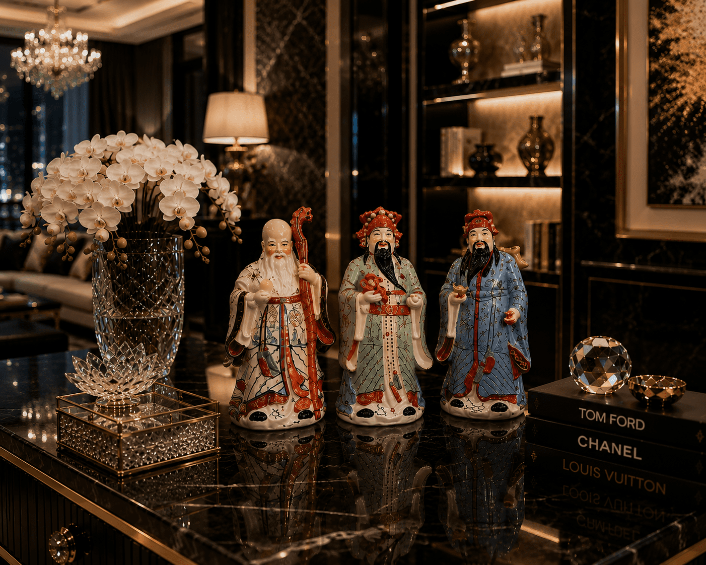 Vintage Chinese Hand-Painted Porcelain Figurines Representing The Sanxing Deities, Not Cased in Red Velvet. - Image 4