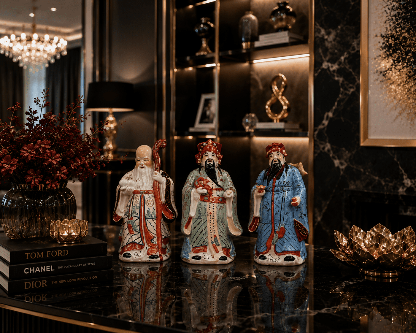 Vintage Chinese Hand-Painted Porcelain Figurines Representing The Sanxing Deities, Not Cased in Red Velvet. - Image 3