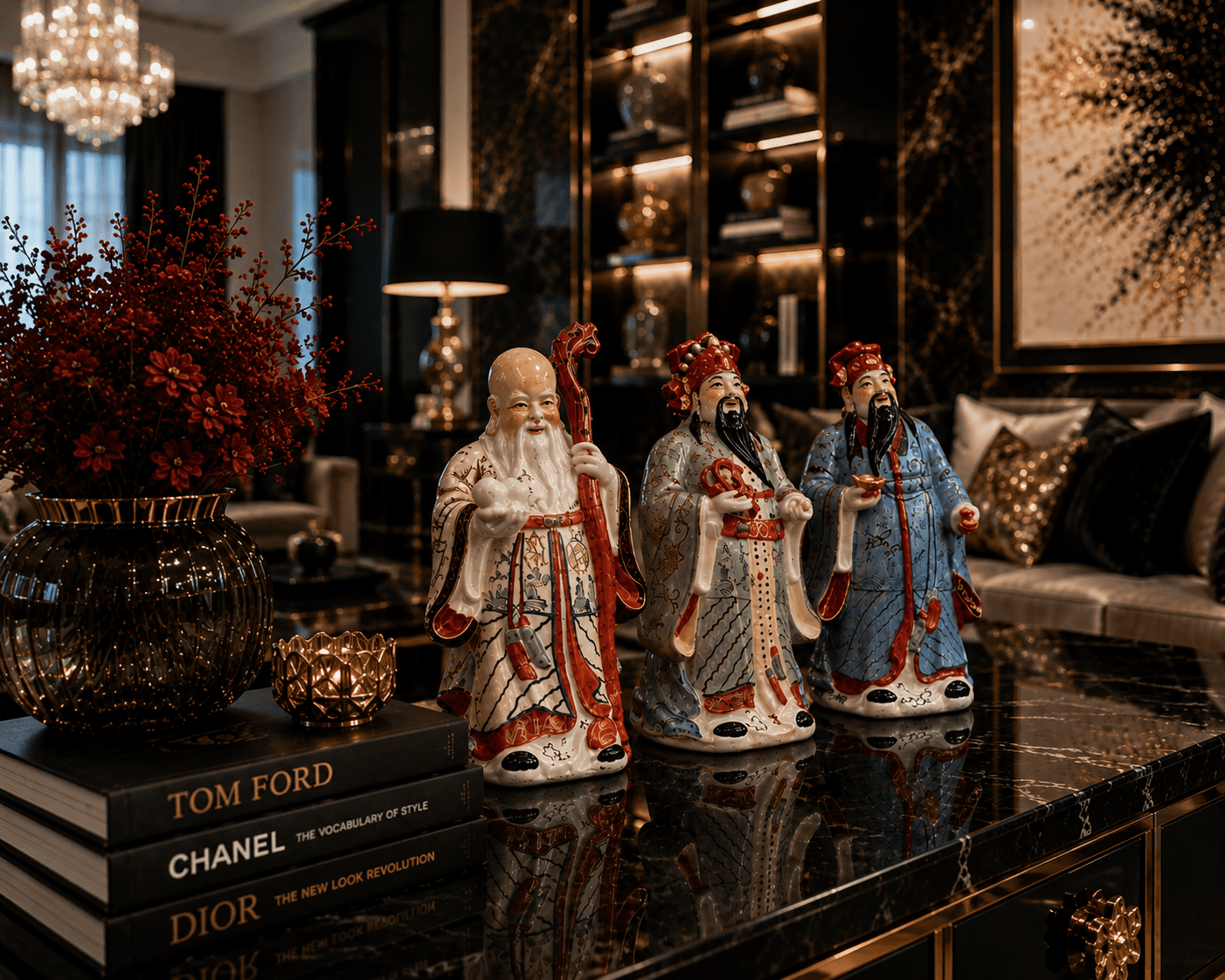 Vintage Chinese Hand-Painted Porcelain Figurines Representing The Sanxing Deities, Not Cased in Red Velvet. - Image 2
